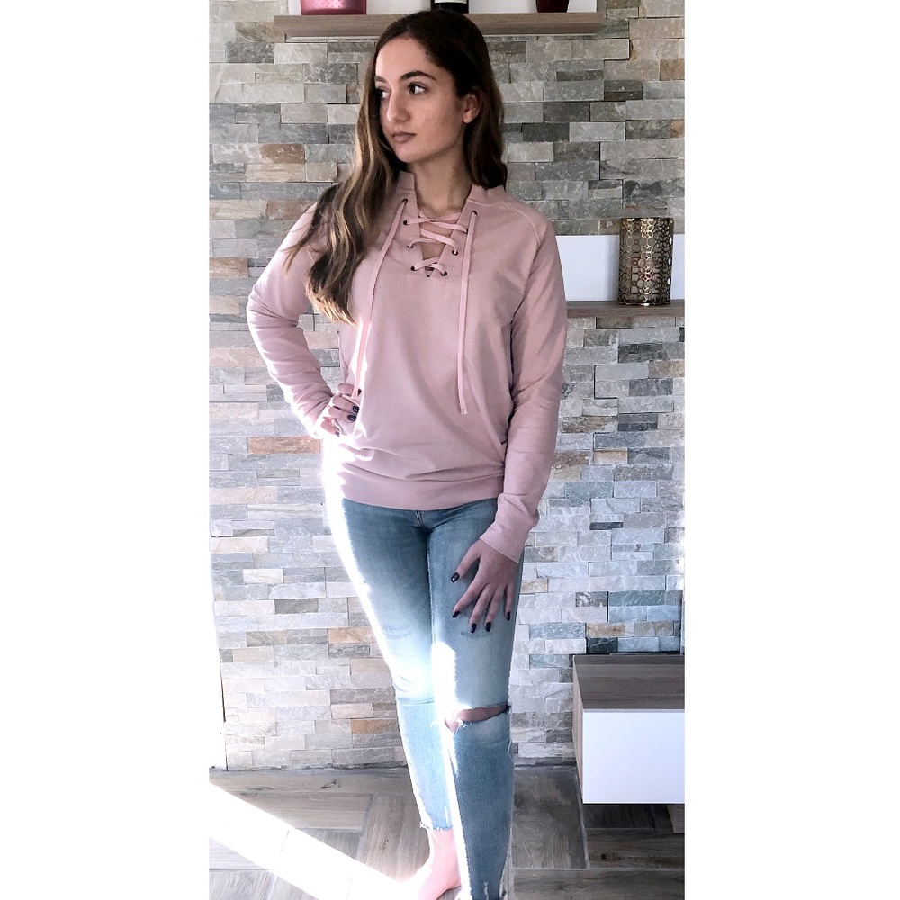 Lace up front detail terry cottonsweatshirt| Blush - Picture 8 of 10